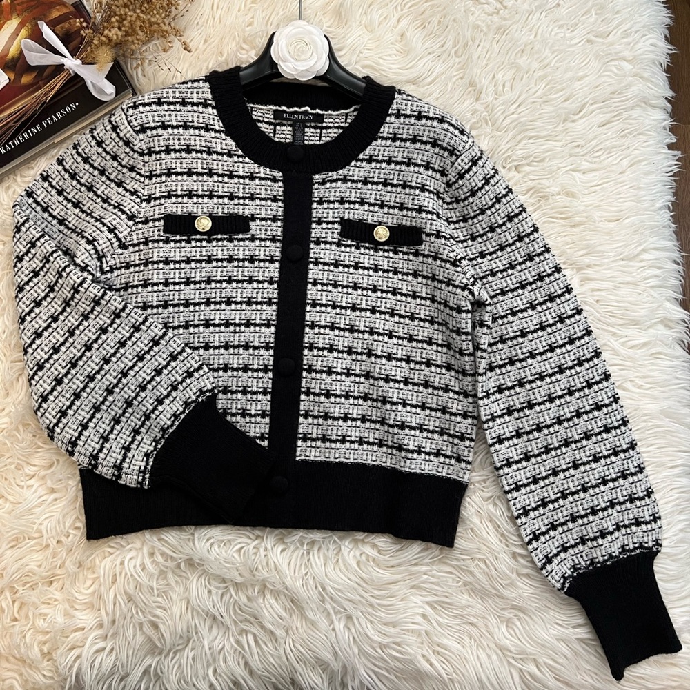 🛍️NWT🛍️ Ellen Tracy Black & White Cardigan - Picture 2 of 6